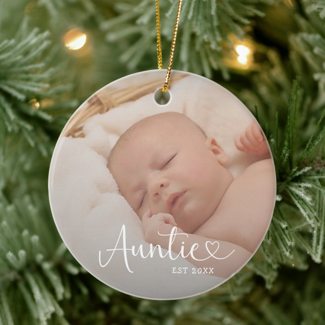 Auntie Established 2 Baby Photo Cute Heart Ceramic Ornament (Creator Uploaded)