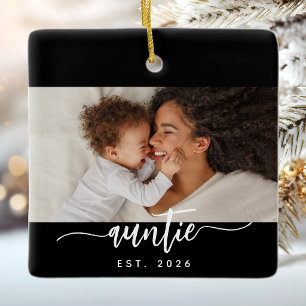 Auntie Established Black White Script Photo Ceramic Ornament