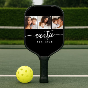 Auntie Established Elegant Script Black 3 Photo Pickleball Paddle