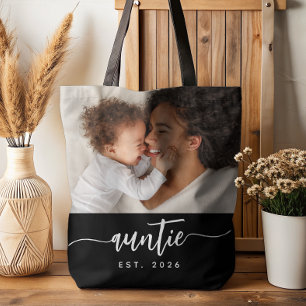 Auntie Established Photo Elegant Script Tote Bag