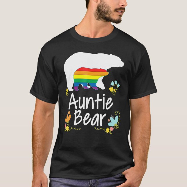 Auntie Lgbt Bear Gay Lesbian Pride Rainbow Floral  T-Shirt (Front)