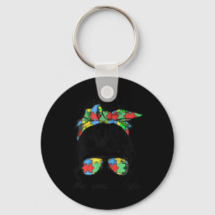 Auntie Life Autism Awareness Messy Bun Girl Mother Key Ring