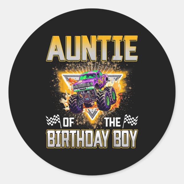 Auntie Of The Birthday Boy Monster Truck Birthday  Classic Round Sticker (Front)
