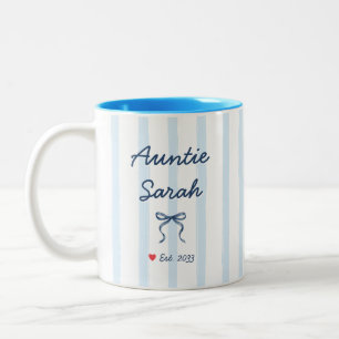 Auntie Personalised Name Blue Stripes Coquette Bow Two-Tone Coffee Mug