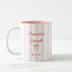 Auntie Personalised Name Pink Stripes Coquette Bow Two-Tone Coffee Mug