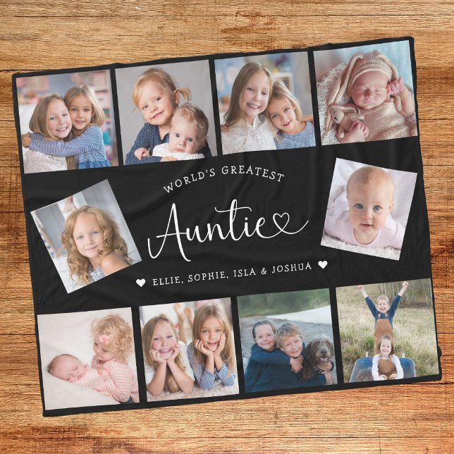 Auntie Photo Collage Script Cute Heart Modern Fleece Blanket (Creator Uploaded)