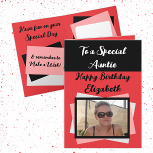 Auntie photo name red black birthday card