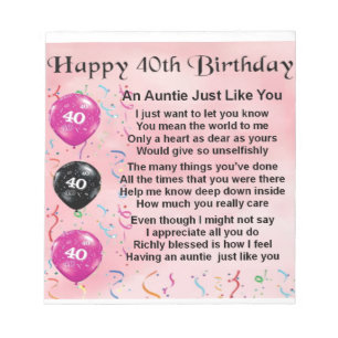Auntie Poem - 40th Birthday Notepad
