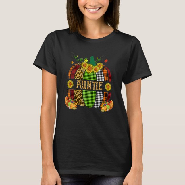Auntie Thanksgiving Leopard Orange Plaid Pumpkin S T-Shirt (Front)