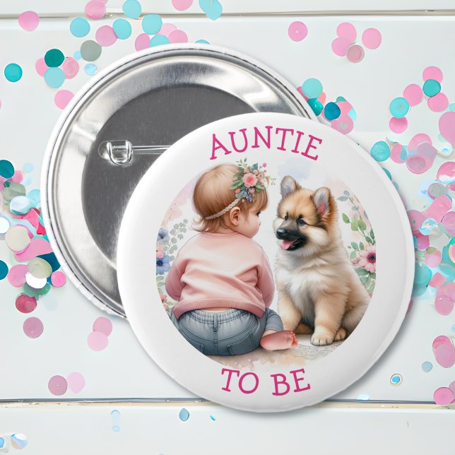 Auntie To Be Baby Girl and Puppy Pink Baby Shower 6 Cm Round Badge (Creator Uploaded)