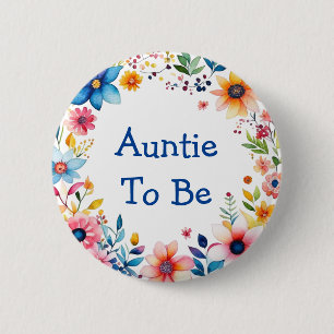 Auntie To Be Floral Pink and Blue Baby Shower 6 Cm Round Badge