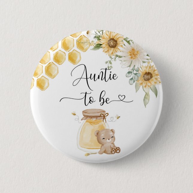 Auntie to be sunflower honey bear 6 cm round badge (Front)
