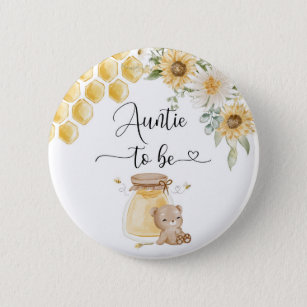 Auntie to be sunflower honey bear 6 cm round badge