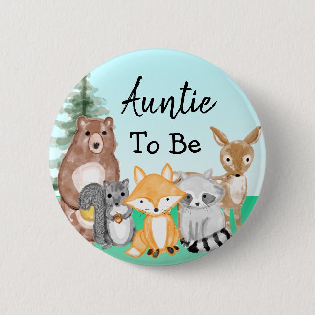 Auntie To Be Woodland Creatures Baby Shower 6 Cm Round Badge (Front)