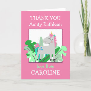 Aunty Name Cute Unicorn Leaves Pink Thank You Card