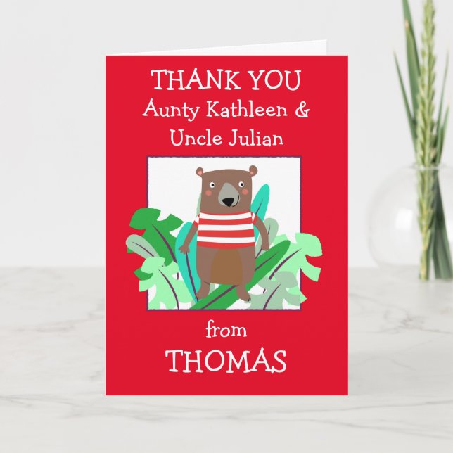 Aunty Uncle Names Cute Bear Leaves Thank You Card (Front)
