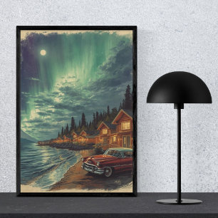 Aurora Bay - Northern Lights Vintage Retro Poster