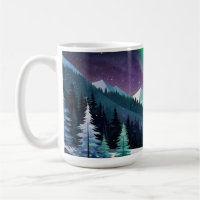 Aurora Borealis 2D Mug | Snowy Forest & Mountains