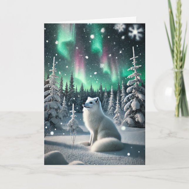 Aurora Borealis Arctic Fox Aurora Wintery Woodland Holiday Card (Front)