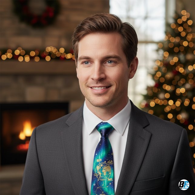 Aurora Borealis Christmas Map, Gold North Pole  Tie (Christmas Neck Tie)