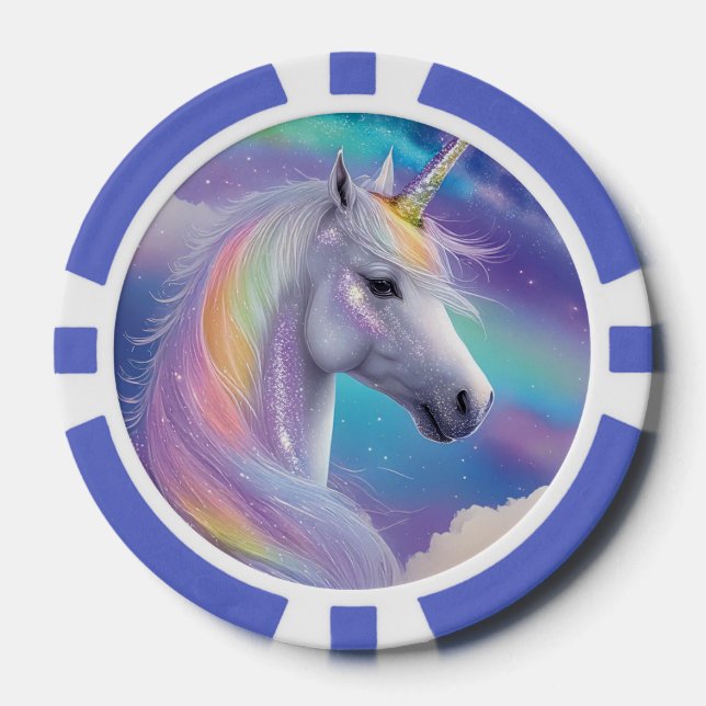 Aurora Borealis Fantasy Rainbow Glitter Unicorn Poker Chips (Front)