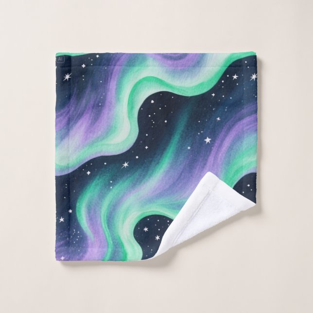 Aurora Borealis, Green & Purple pattern Bath Towel Set (Wash Cloth)