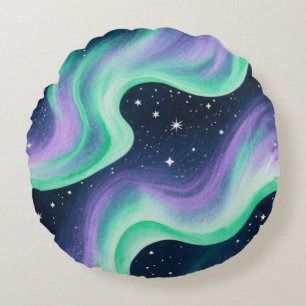 Aurora Borealis, Green & Purple pattern Round Cushion