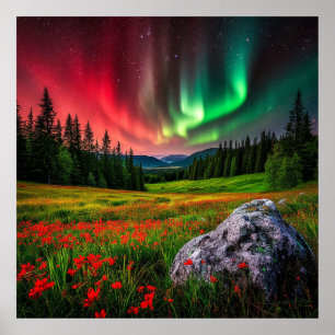 Aurora Borealis Illuminating a Scenic Meadow Poster