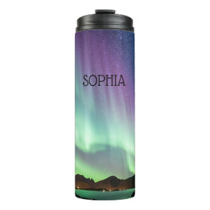 Aurora borealis lights personalized with your name thermal tumbler
