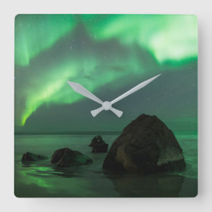 Aurora Borealis   Lofoten Beach Norway Square Wall Clock