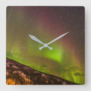 Aurora Borealis Mountains Fairbanks Alaska Square Wall Clock