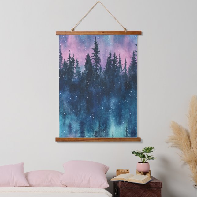 Aurora Borealis Night Sky Pine Forest Glow Hanging Tapestry (Bedroom)