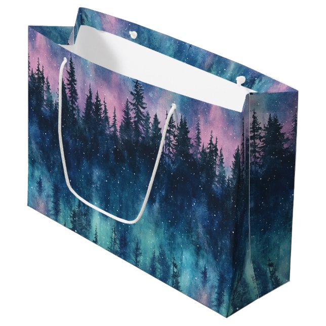 Aurora Borealis Night Sky Pine Forest Glow Large Gift Bag (Front Angled)