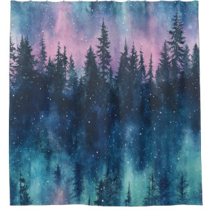 Aurora Borealis Night Sky Pine Forest Glow Shower Curtain