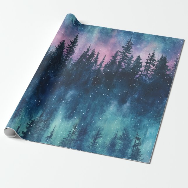 Aurora Borealis Night Sky Pine Forest Glow Wrapping Paper (Unrolled)
