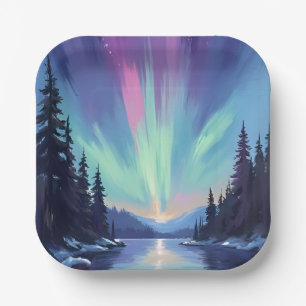 Aurora Borealis Northern Lights Watercolor Paper Plate