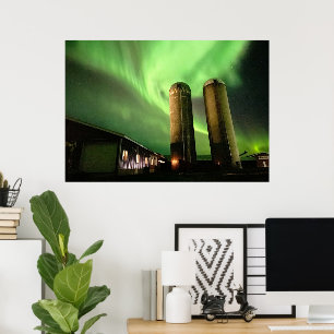 Aurora Borealis Over Alberta Farm Silos Poster