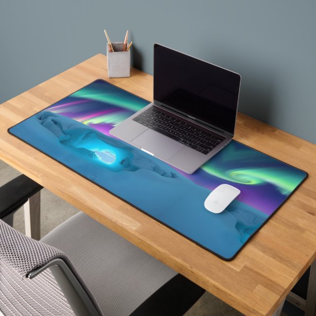 Aurora Borealis Over Glowing Ice Cave Desk Mat (Office 2)