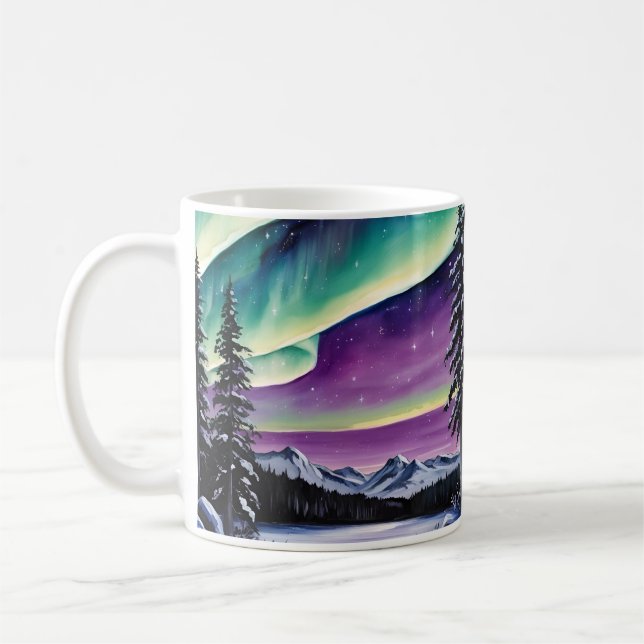 Aurora Borealis over snowy forest, pines,landscape Coffee Mug (Left)
