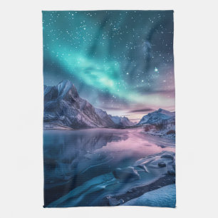 Aurora Borealis Over Snowy Mountain Landscape Tea Towel