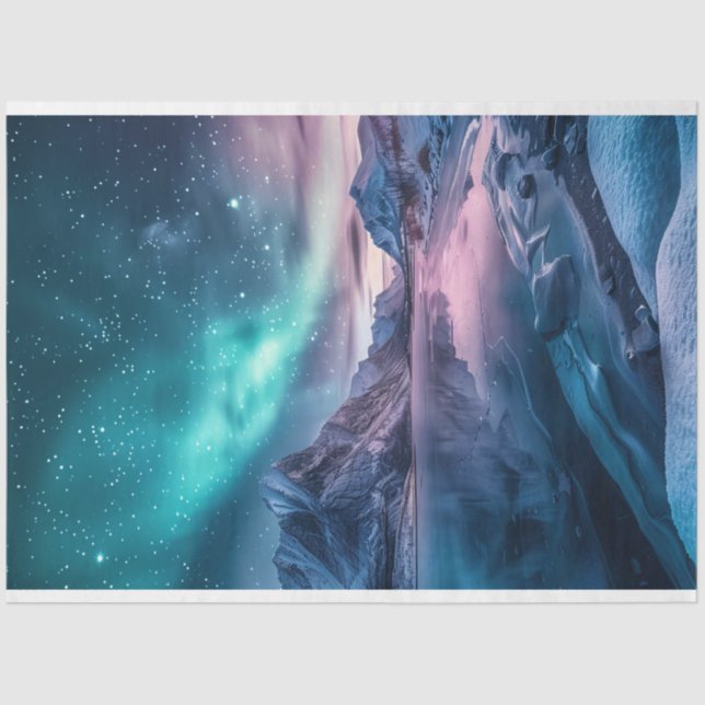 Aurora Borealis Over Snowy Mountain Landscape Tissue Paper (Front)