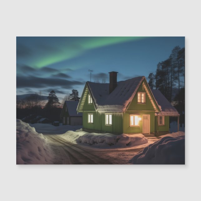 Aurora borealis over winter cabin (Front)