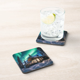 Aurora borealis over winter cabin coaster
