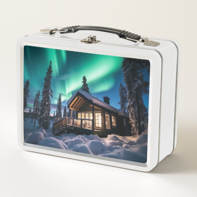 Aurora borealis over winter cabin metal lunch box (Front)