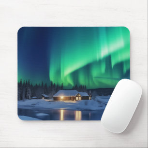 Aurora borealis over winter cabin mouse pad