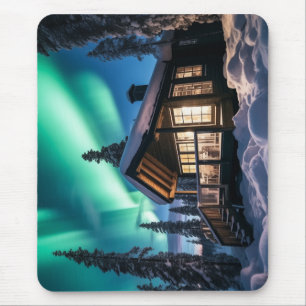 Aurora borealis over winter cabin mouse pad
