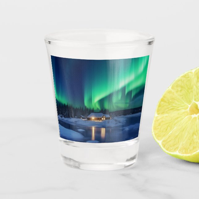 Aurora borealis over winter cabin shot glass (Front)