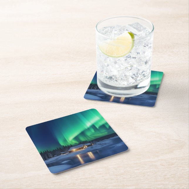 Aurora borealis over winter cabin square paper coaster (Insitu)