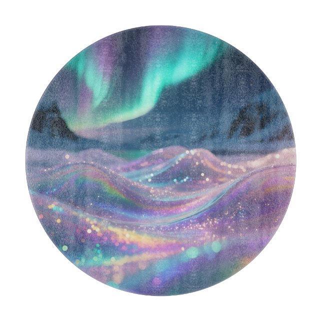 Aurora Borealis Sparkling Waves Fantasy Cutting Board (Front)
