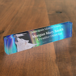 Aurora Borealis Wolf Song | Rainbow Desk Nameplate